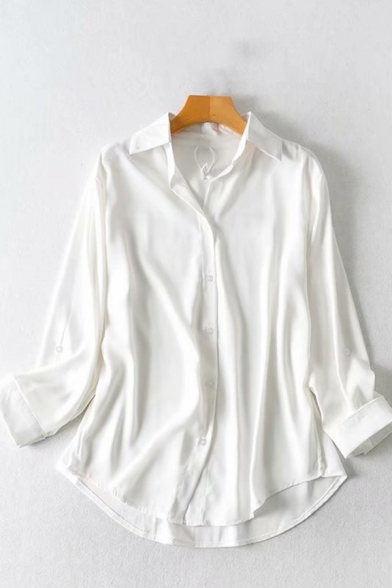 Stylish Women's Shirt Blouse Satin Solid Color Button Fly Spread Collar Long Sleeves Regular Fitted Shirt Blouse