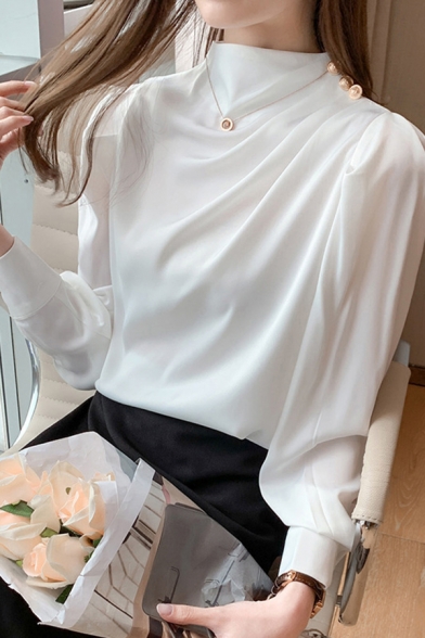 Stylish Womens Shirt Satin Long Sleeve Mock Neck Pleated Metal Button Regular Plain Shirt Top