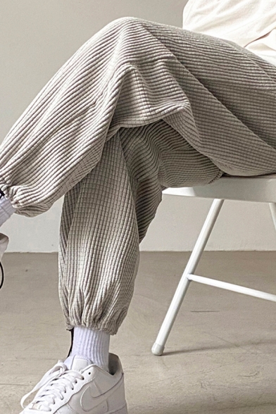 Trendy Men's Pants Solid Color Corduroy Drawstring Hem Elastic Waist Ankle Length Pants