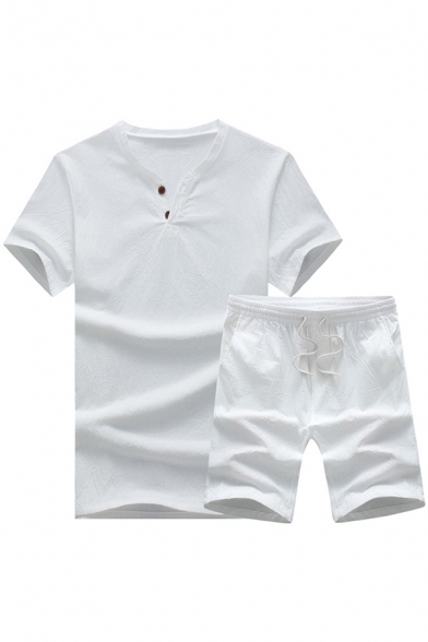 Trendy Men's Set Solid Color Button Detail Short Sleeves Regular Fitted Tee Top with Drawstring Elastic Waist Shorts Co-ords