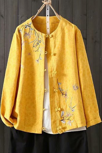 Vintage Womens Jacket Floral Embroidery Long Sleeve Crew Neck Frog Button Up Loose Fit Linen Jacket