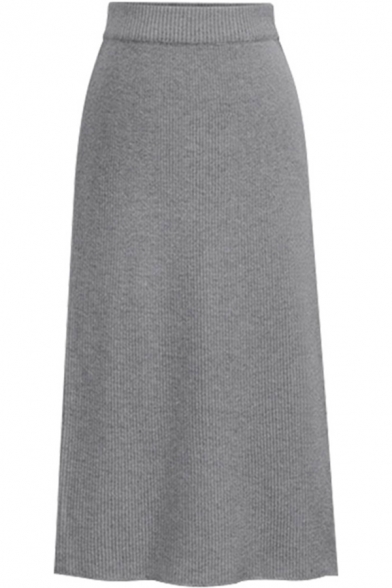 Womens Elegant Skirt Solid Color Knitted Elastic Waist Slit Back Mid A-line Skirt