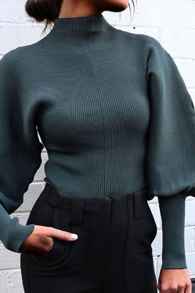 Womens Popular Sweater Plain Knit Blouson Sleeve Mock Neck Relaxed Fit Sweater Top
