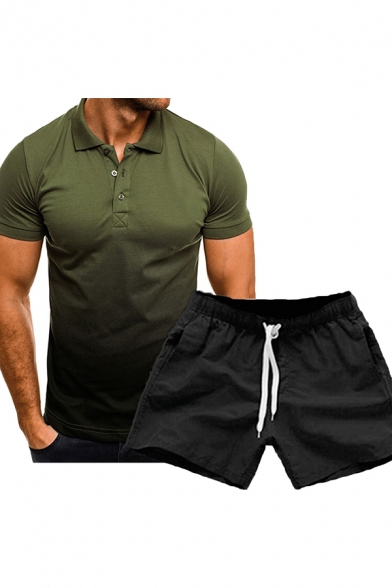 Basic Men's Active Set 3D Ombre Pattern Button Detail Spread Collar Short Sleeve Regular Fitted Tee Top with Drawstring Waist Shorts Co-ords
