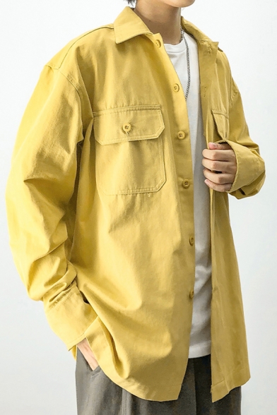 Basic Men's Shirt Plain Flap Chest Pocket Point Collar Long Sleeves Relaxed Fit Shirt