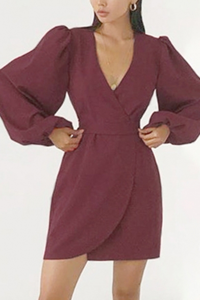 Boutique Womens Dress Blouson Sleeve Surplice Neck Tied Waist Solid Short Wrap Dress