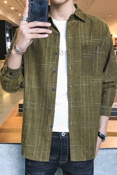 Casual Men's Shirt Plaid Pattern Chest Pocket Button Closure Spread Collar Long Sleeves Relaxed Fit Shirt