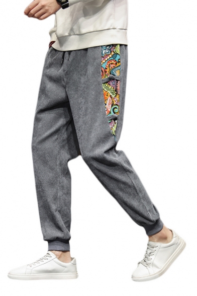Cozy Men's Pants Contrast Panel Tribal Pattern Horn Button Banded Cuffs Drawstring Waist Jogger Pants