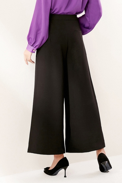 Elegant Pants Solid Color High Waist Ankle Length Wide-leg Pants for Ladies