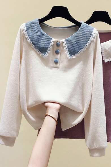 Elegant Women's Sweatshirt Contrast Lace Trim Button Design Spread Collar Long Sleeves Pullover Sweatshirt