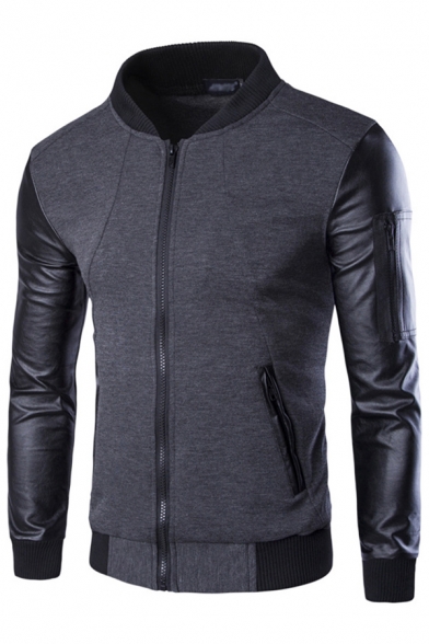 Fancy Men's Jacket Patchwork PU Leather Contrast Ribbed Trim Zip Fly Long Sleeves Regular Fitted Jacket