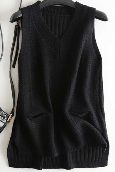 Fancy Women's Knit Vest Plain Ribbed Trim High-Low Front Pocket Sleeveless Regular Fitted Pullover Knit Vest