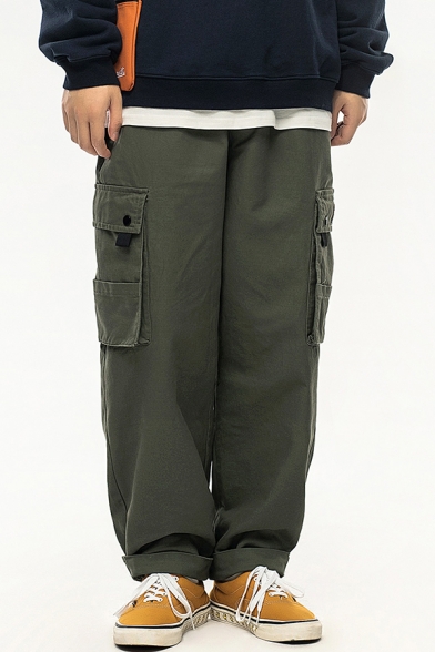 Fashionable Men's Pants Solid Color Flap Pocket Drawstring Elastic Waist Ankle Length Tapered Pants