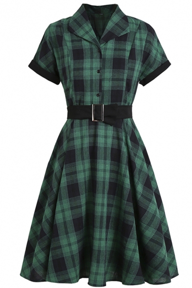 Hepburn Style Dress Plaid Pattern Short Sleeve Turn-down Collar Button Up Belted Mid Pleated Shirt Dress