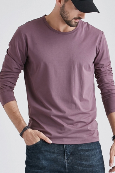Leisure Men's Tee Top Solid Color Round Neck Long Sleeves Regular Fitted Bottoming T-Shirt