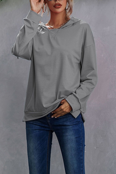 Leisure Women's Hoodie Side Split Long Sleeves Solid Color Long Sleeves Hooded Sweatshirt