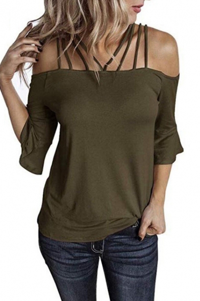 Leisure Women's Tee Top Solid Color Spaghetti Straps Cold Shoulder Half Sleeves Regular Fitted T-Shirt