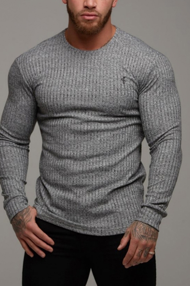 Popular Guys T Shirt Knit Logo Print Long Sleeve Crew Neck Fitted Tee Top