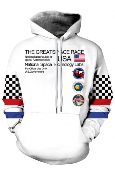 Popular NASA Letter Printed Striped Plaid Patched Long Sleeve White Graphic Hoodie