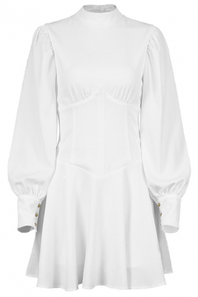 Simple Ladies Dress Solid Long Sleeve Mock Neck Gathered Waist Mini A-line Dress