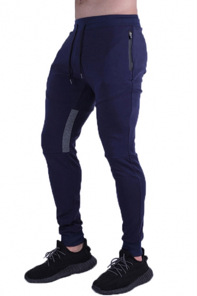 Sports Mens Pants Tape Panel Drawstring Waist Ankle Length Fitted Pants