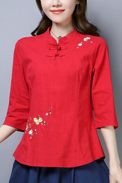 Stylish Women's Shirt Blouse Floral Embroidered Horn Button Front 3/4 Sleeves Regular Fitted Shirt Blouse