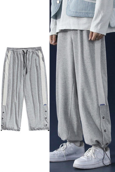 Trendy Men's Pants Button Detail Drawstring Hem Contrast Trim Drawstring Elastic Waist Ankle Length Sweatpants