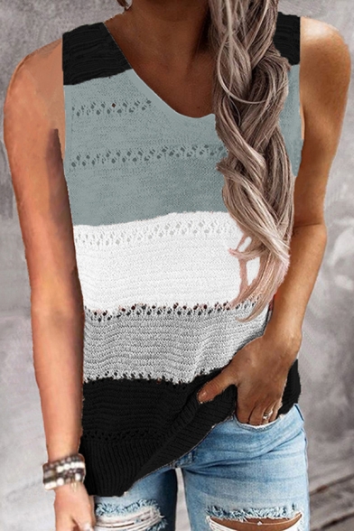 Trendy Women's Knit Vest Contrast Panel Hollow out Round Neck Sleeveless Ribbed Trim Regular Fitted Knit Vest