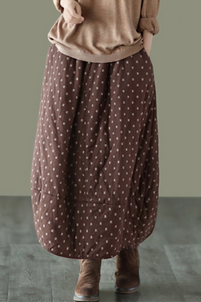 Womens Retro Skirt Embroidery Elastic Waist Long A-line Skirt