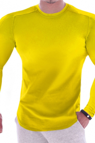 Basic Mens T Shirt Solid Color Long Sleeve Crew Neck Fit Tee Top