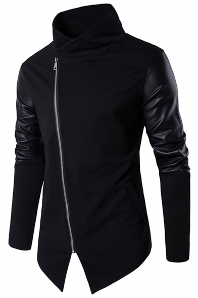 Elegant Men's Sweatshirt Patchwork PU Leather Zip Closure Long Sleeves Stand Collar Fitted Sweatshirt