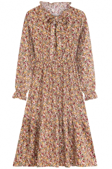 Fancy Girls Dress Ditsy Flower Long Sleeve Bow-tied Neck Button Up Mid A-line Dress in Khaki