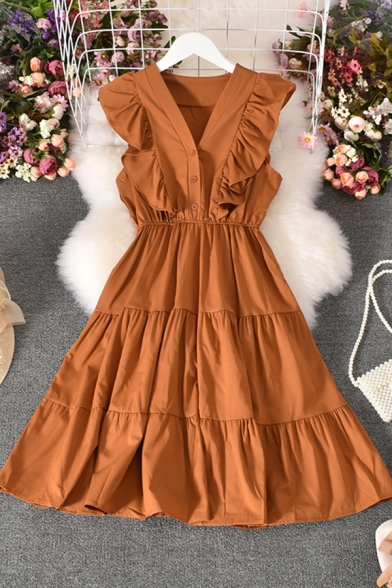 Fancy Women's A-Line Dress Solid Color Tiered Ruffle Hem Button Detail V Neck Sleeveless Regular Fitted A-Line Dress