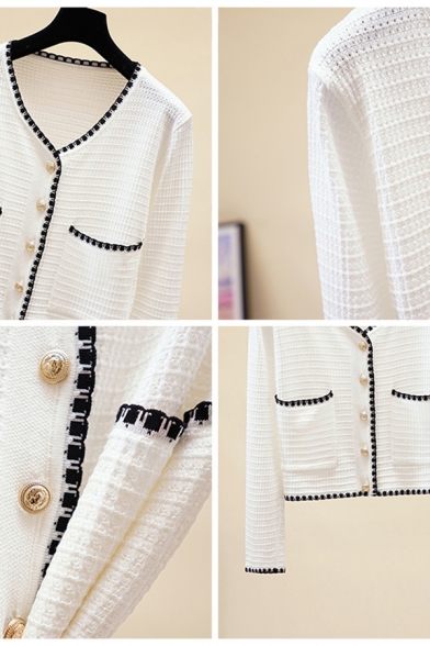 Fancy Women's Cardigan Contrast Trim Front Pocket Long Sleeves Button Closure Regular Fitted Knitted Cardigan