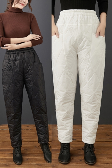 Fancy Women's Pants Solid Color Quilted Elastic Waist Fleece Lined Brushed Full Length Tapered Pants