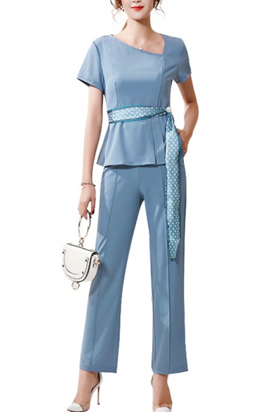 Formal Womens Co-ords Solid Color Long Sleeve Irregular V-neck Tied Waist Regular Tee & Pants Co-ords