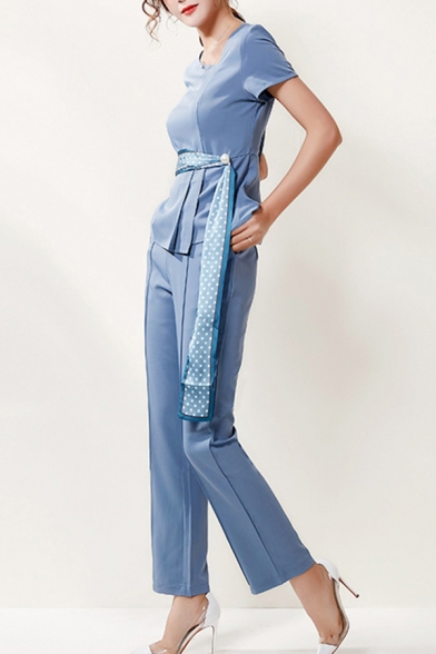 Formal Womens Co-ords Solid Color Long Sleeve Irregular V-neck Tied Waist Regular Tee & Pants Co-ords