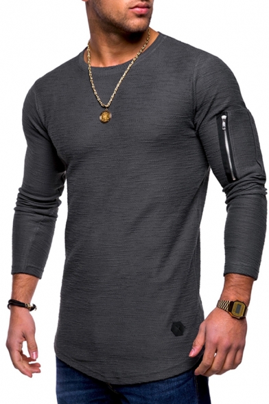 Leisure Men's Tee Top Solid Color Round Neck Zip Detail Long Sleeves Slim Fitted T-Shirt