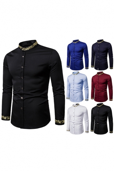 Leisure Shirt Leaf Embroidered Long Sleeve Stand Collar Button Up Fitted Shirt for Men