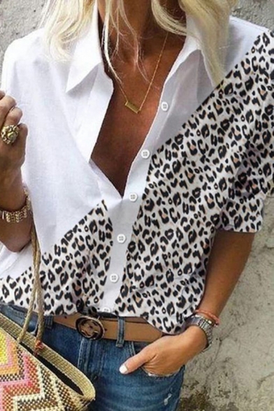Leisure Women's Shirt Contrast Leopard Panel Button Closure Turn-down Collar Long Sleeves Regular Fitted Shirt Blouse
