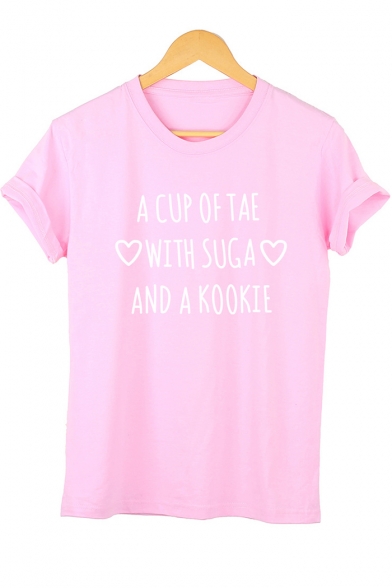 Letter A CUP OF TEA WITH SUGA AND A KOOKIE Heart Print Short Sleeve Cotton Tee