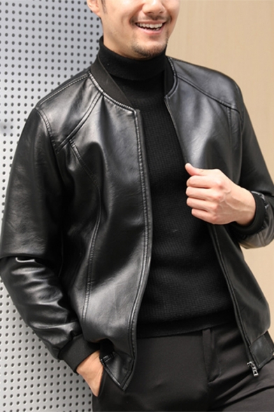 New Trendy Plain Long Sleeve Stand-Collar Zip Up Casual Leather Jacket For Men