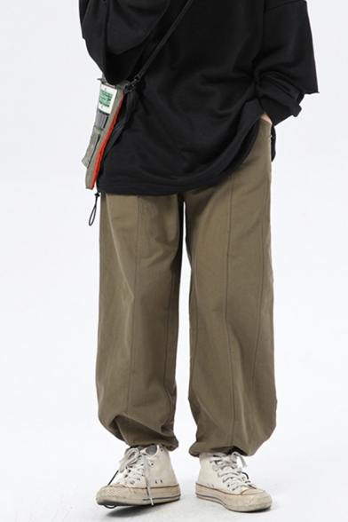 Retro Men's Pants Solid Color Front Pocket Drawstring Hem Mid Waist Ankle Length Pants