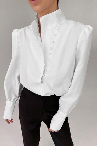 Simple Girls Plain Shirt Long Sleeve Stand Collar Button-up Regular Fit Shirt