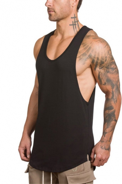 Simple Mens Tank Solid Color Scoop Neck Curved Hem Relaxed Tank Top