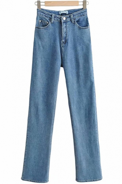 Stylish Women's Jeans Faded Wash Zip Fly Mid Waist Long Straight Denim Jeans