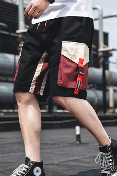 Summer New Fashion Colorblock Buckle Strap Flap Pocket Drawstring Waist Casual Cargo Shorts