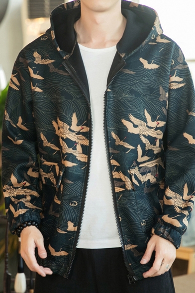 Trendy Men's Casual Jacket Crane Print Zip Fly Long Sleeve Regular Fitted Hooded Jacket