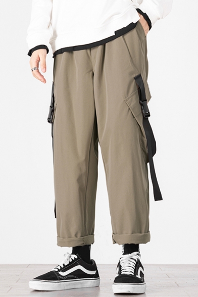 Trendy Men's Pants Solid Color Flap Pocket Buckle Detail Drawstring Elastic Waist Hem Ankle Length Pants