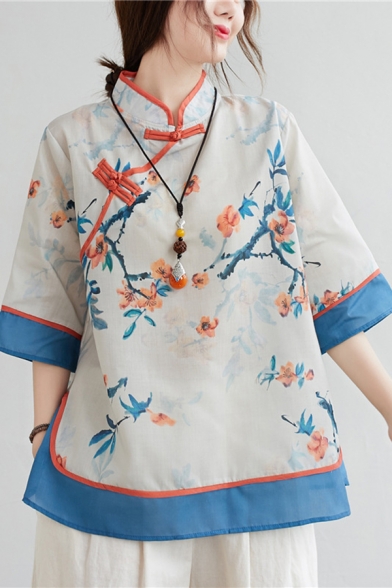 Tribal Style Women's Shirt Blouse Contrast Panel Tree Pattern Horn Button Half Sleeves Regular Fitted Shirt Blouse